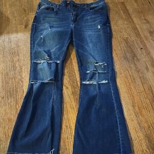 Classic Distressed Flare Jeans in Deep Blue